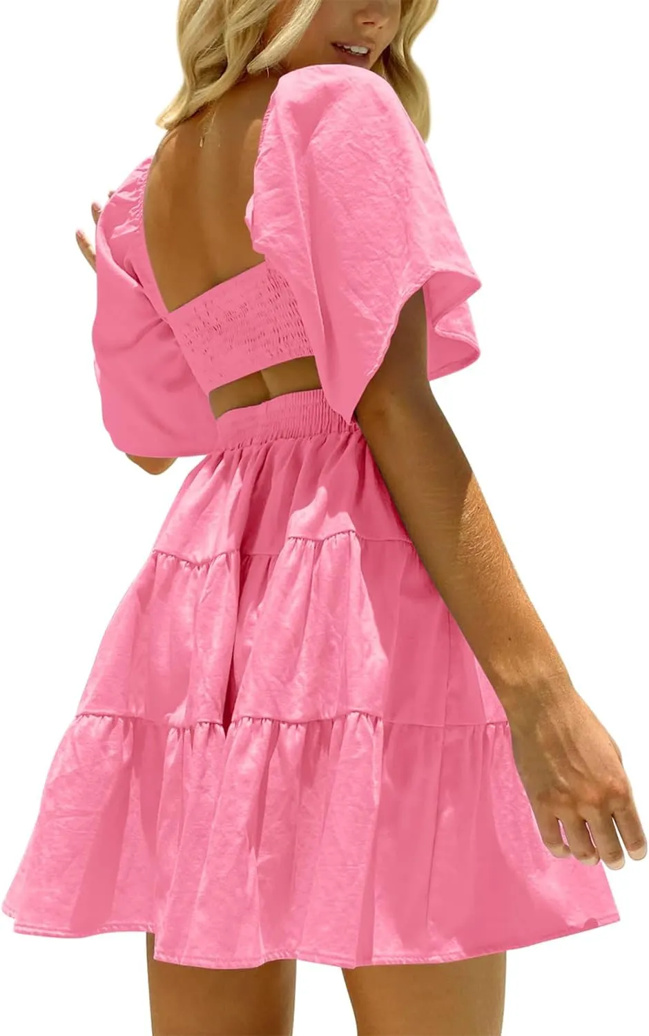 OWNGIGI Women's Summer Dresses Square Neck Short Sleeve Cutout Crossover Elastic Waist Casual Party A-Line Mini Dress