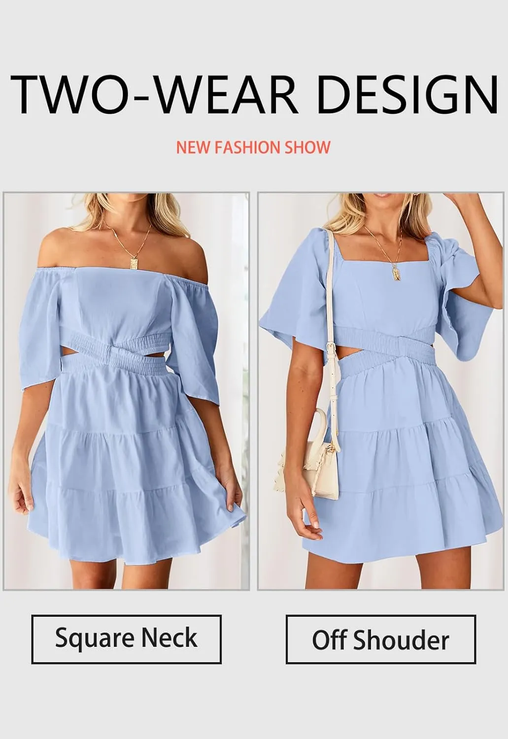 OWNGIGI Women's Summer Dresses Square Neck Short Sleeve Cutout Crossover Elastic Waist Casual Party A-Line Mini Dress