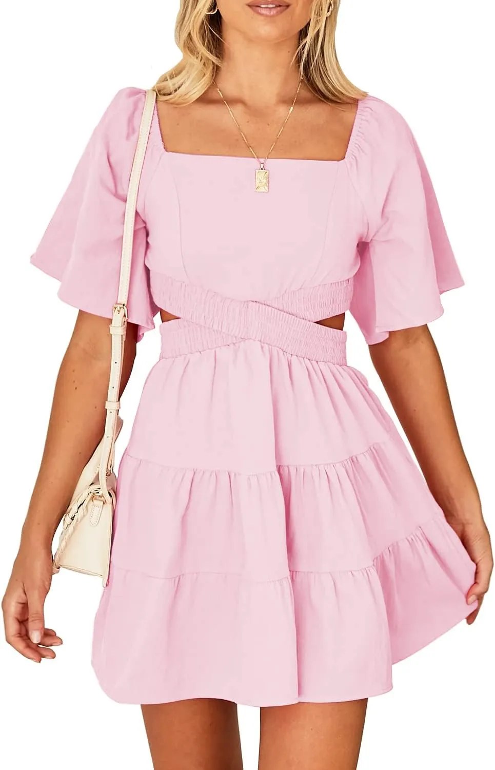 OWNGIGI Women's Summer Dresses Square Neck Short Sleeve Cutout Crossover Elastic Waist Casual Party A-Line Mini Dress