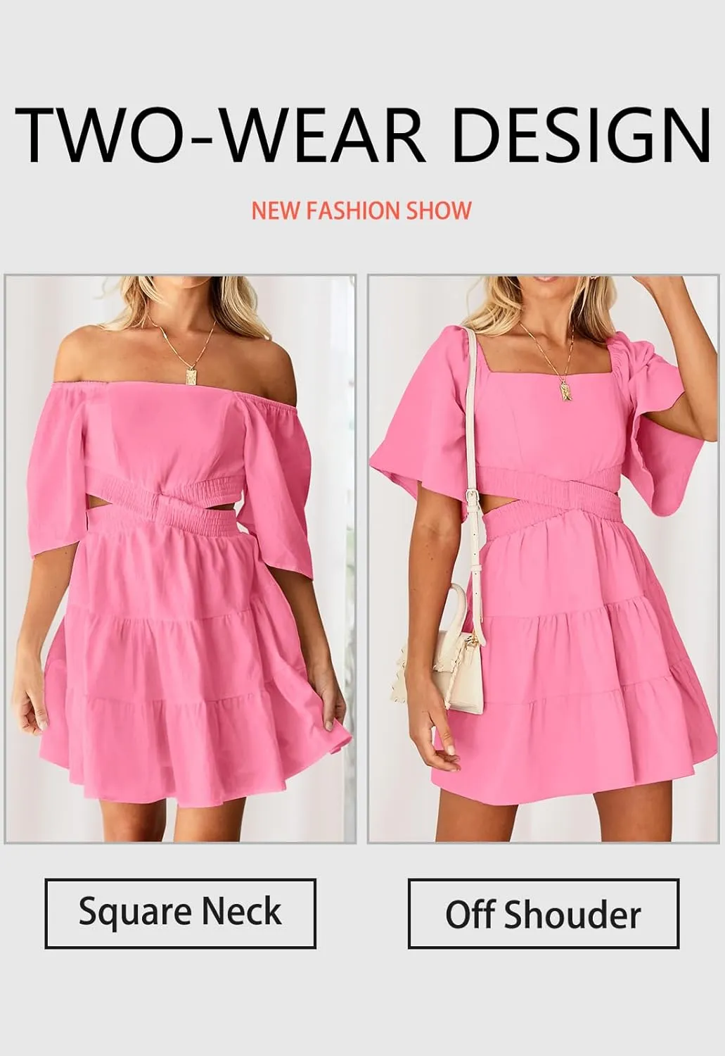 OWNGIGI Women's Summer Dresses Square Neck Short Sleeve Cutout Crossover Elastic Waist Casual Party A-Line Mini Dress