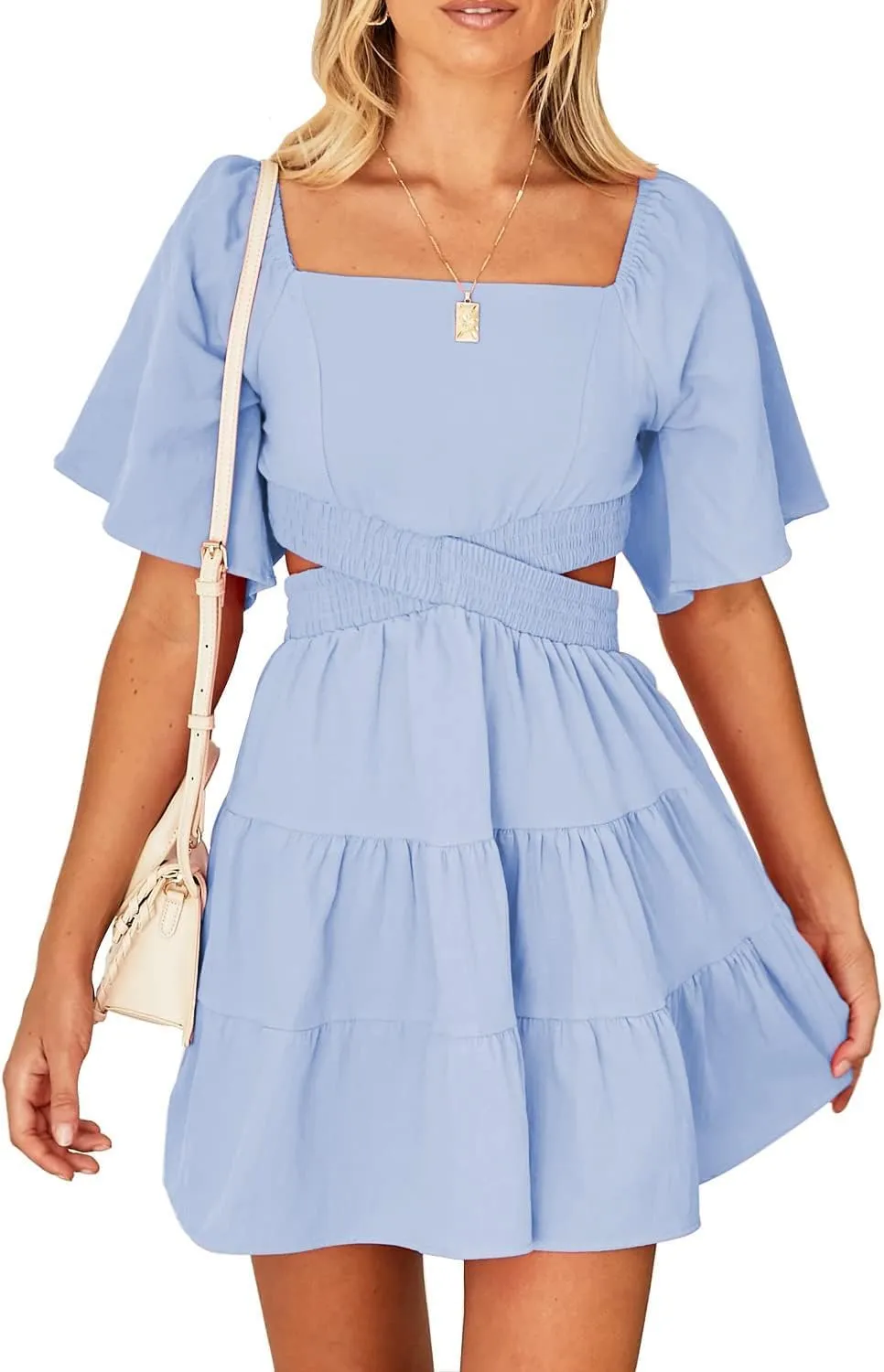 OWNGIGI Women's Summer Dresses Square Neck Short Sleeve Cutout Crossover Elastic Waist Casual Party A-Line Mini Dress