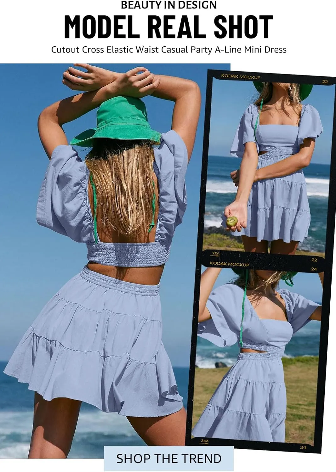 OWNGIGI Women's Summer Dresses Square Neck Short Sleeve Cutout Crossover Elastic Waist Casual Party A-Line Mini Dress