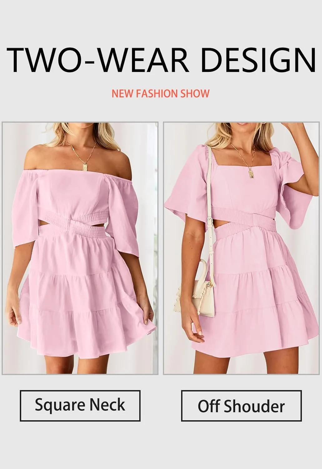 OWNGIGI Women's Summer Dresses Square Neck Short Sleeve Cutout Crossover Elastic Waist Casual Party A-Line Mini Dress