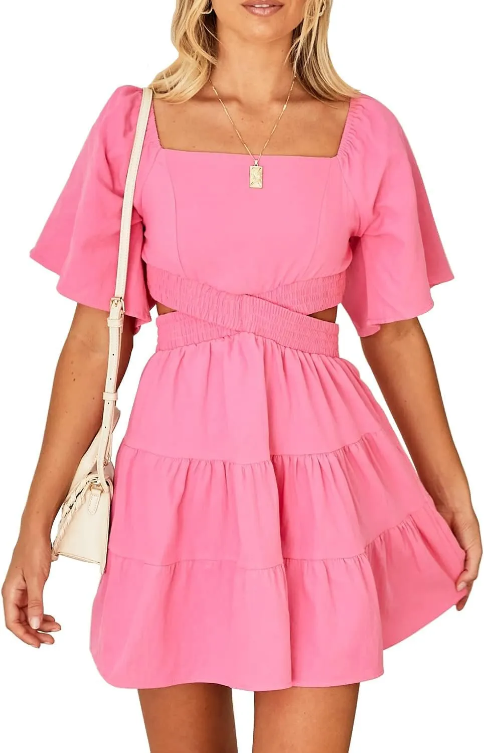 OWNGIGI Women's Summer Dresses Square Neck Short Sleeve Cutout Crossover Elastic Waist Casual Party A-Line Mini Dress