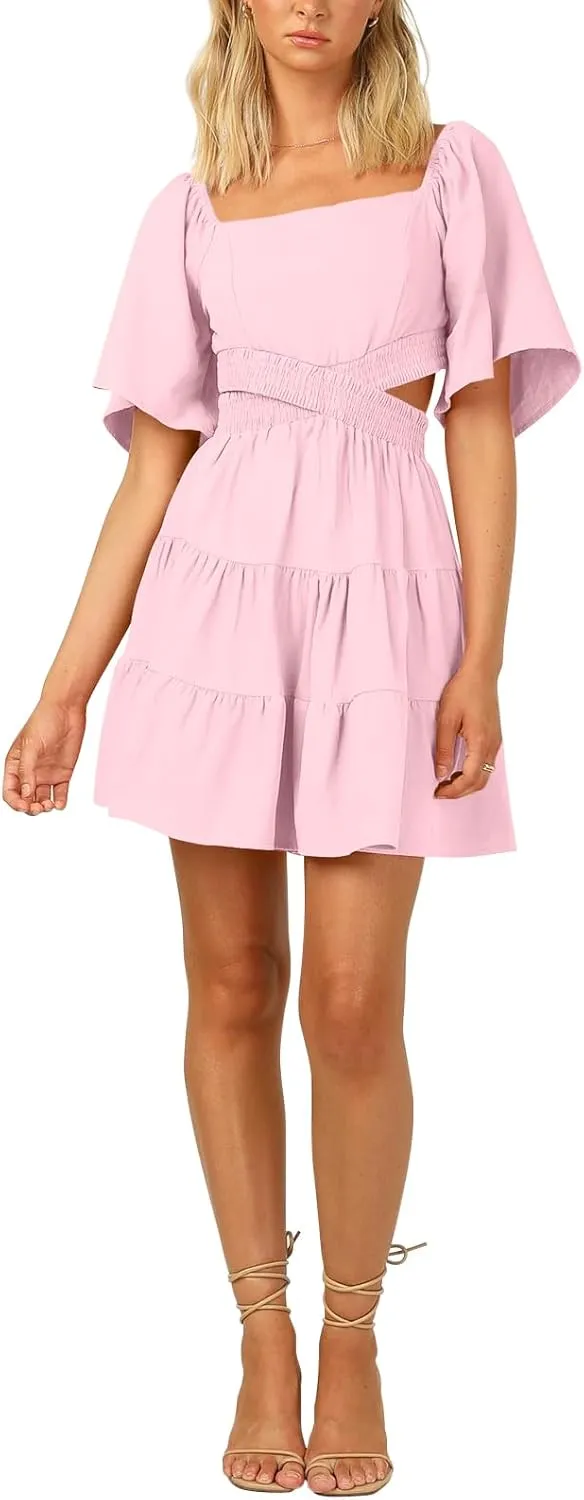 OWNGIGI Women's Summer Dresses Square Neck Short Sleeve Cutout Crossover Elastic Waist Casual Party A-Line Mini Dress