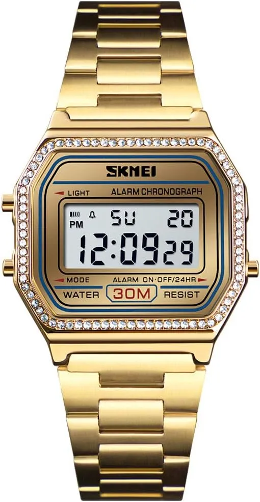 PASOY Men's Digital Gold Stainless Steel Watch Backlit Multifunction Stopwatch Waterproof Sport Watches