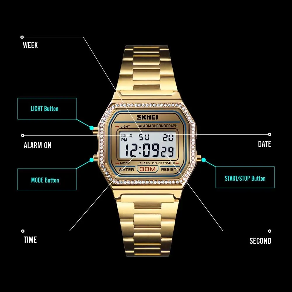 PASOY Men's Digital Gold Stainless Steel Watch Backlit Multifunction Stopwatch Waterproof Sport Watches