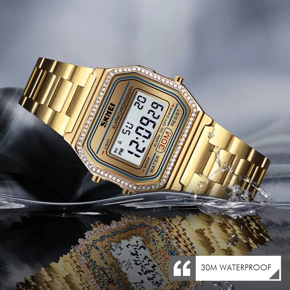 PASOY Men's Digital Gold Stainless Steel Watch Backlit Multifunction Stopwatch Waterproof Sport Watches