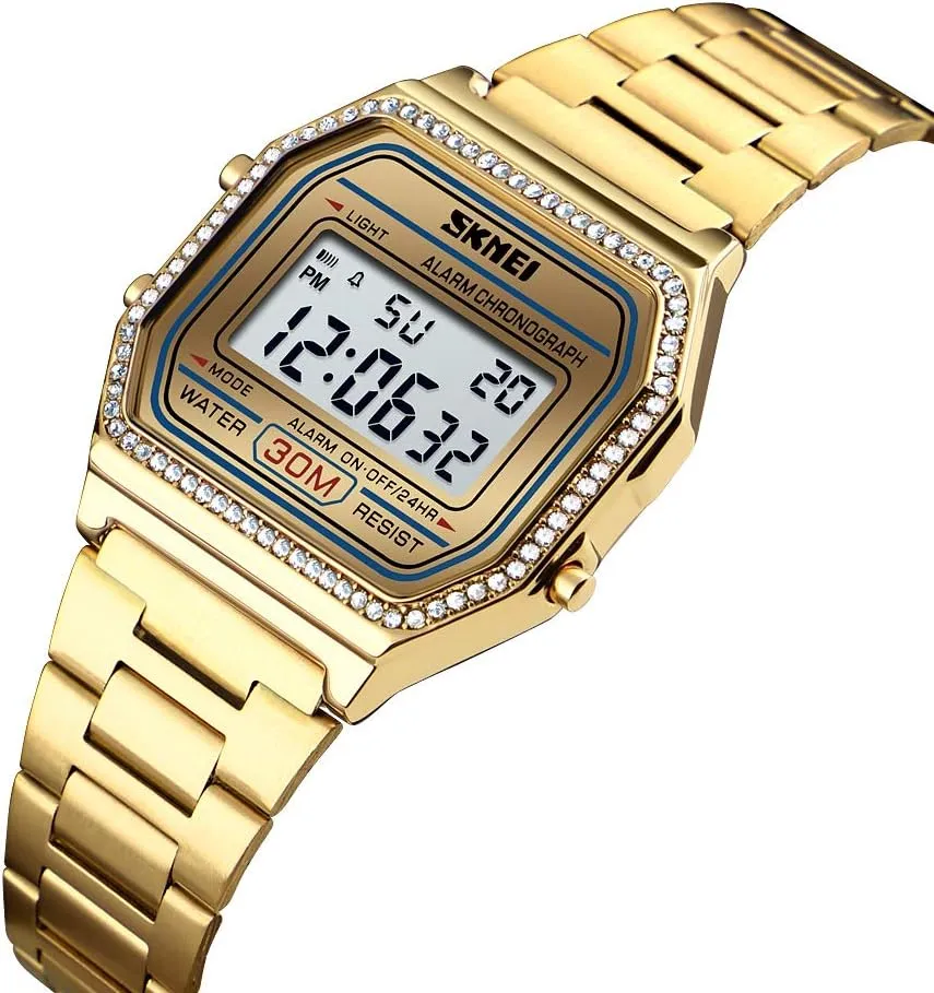 PASOY Men's Digital Gold Stainless Steel Watch Backlit Multifunction Stopwatch Waterproof Sport Watches