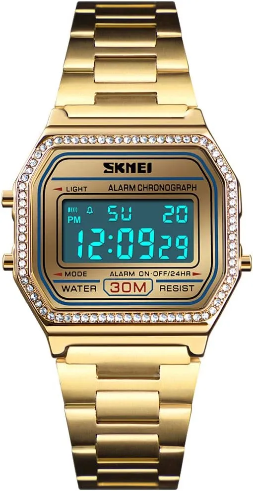 PASOY Men's Digital Gold Stainless Steel Watch Backlit Multifunction Stopwatch Waterproof Sport Watches