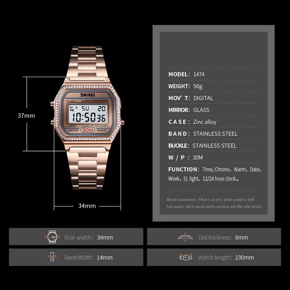 PASOY Men's Digital Gold Stainless Steel Watch Backlit Multifunction Stopwatch Waterproof Sport Watches
