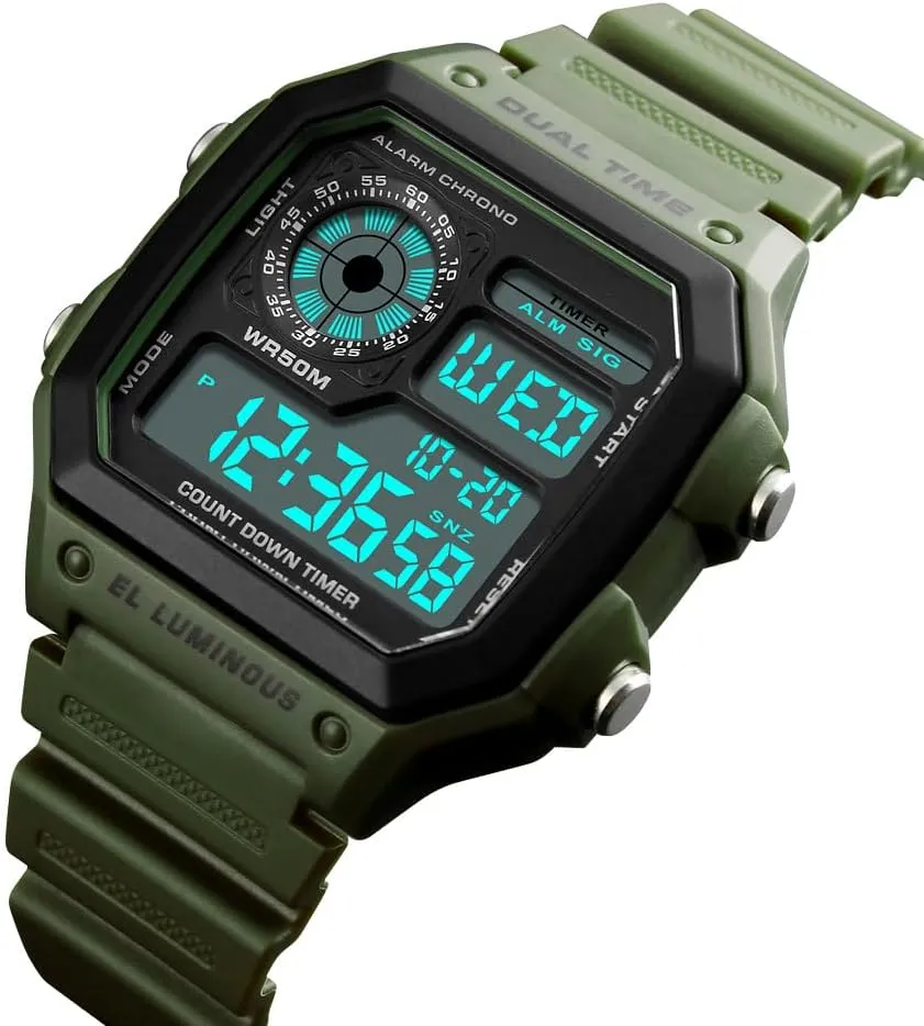 PASOY Men's Digital Multi-Function Watches Dual Time Alarm Stopwatch Countdown Backlight Waterproof Watch