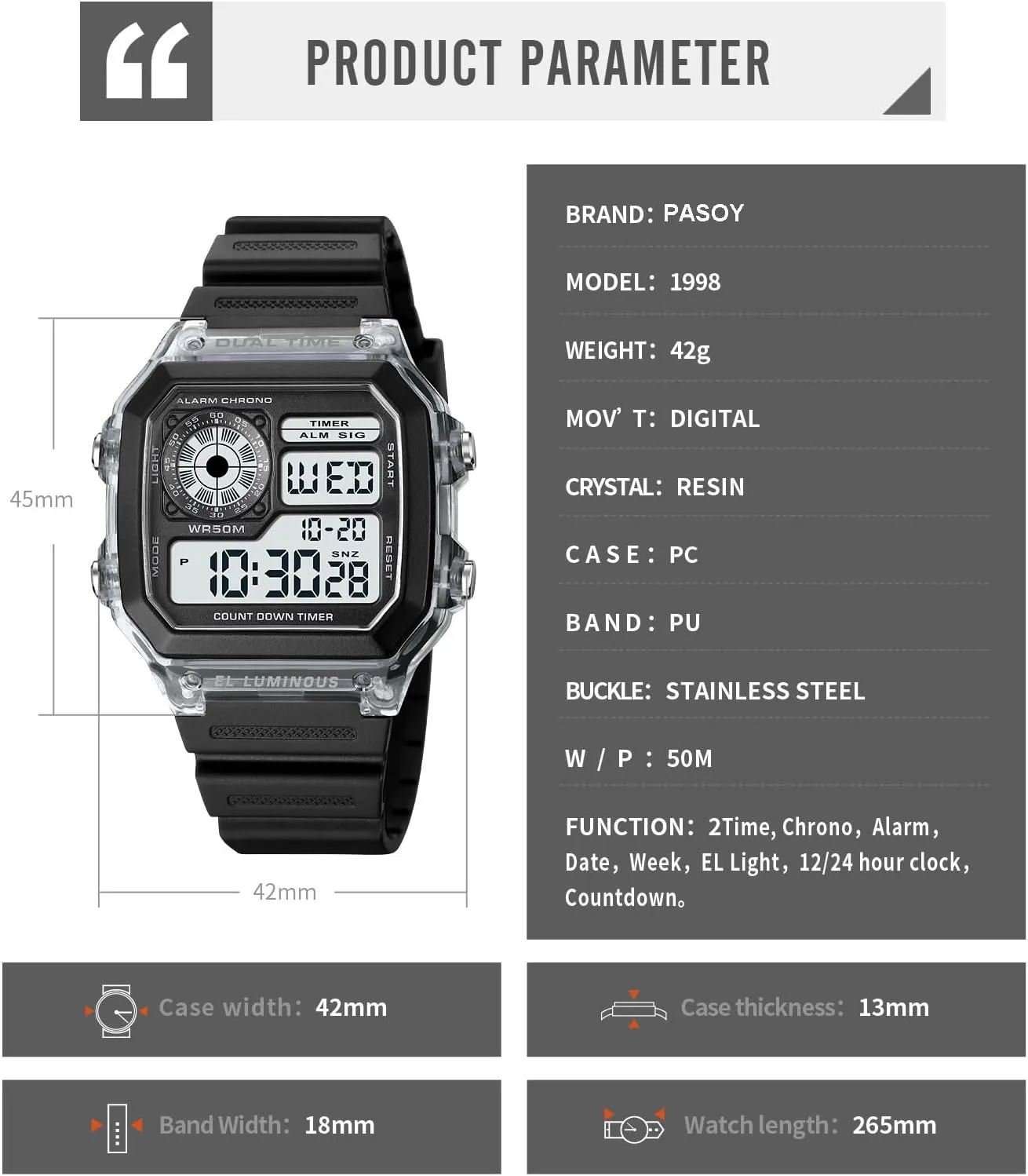 PASOY Men's Digital Multi-Function Watches Dual Time Alarm Stopwatch Countdown Backlight Waterproof Watch