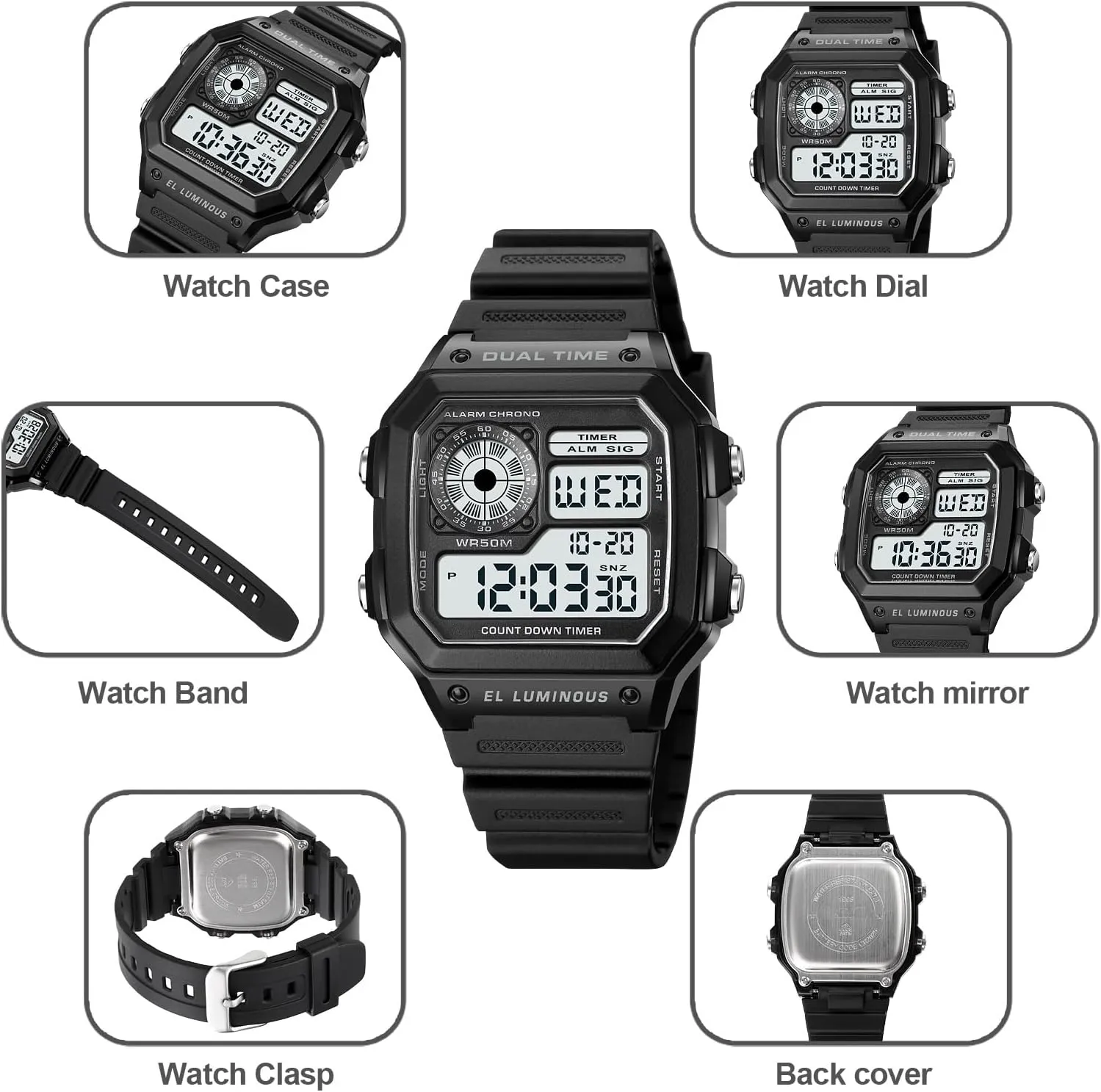PASOY Men's Digital Multi-Function Watches Dual Time Alarm Stopwatch Countdown Backlight Waterproof Watch