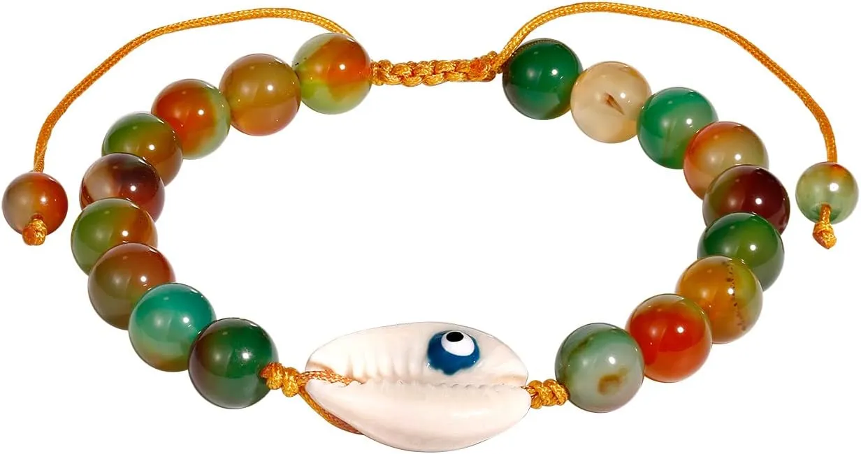 Peacock Agate Bracelet for Men Handmade Adjustable Summer Beach Seashell Beaded Bracelets Good Luck Boho Jewelry for Women