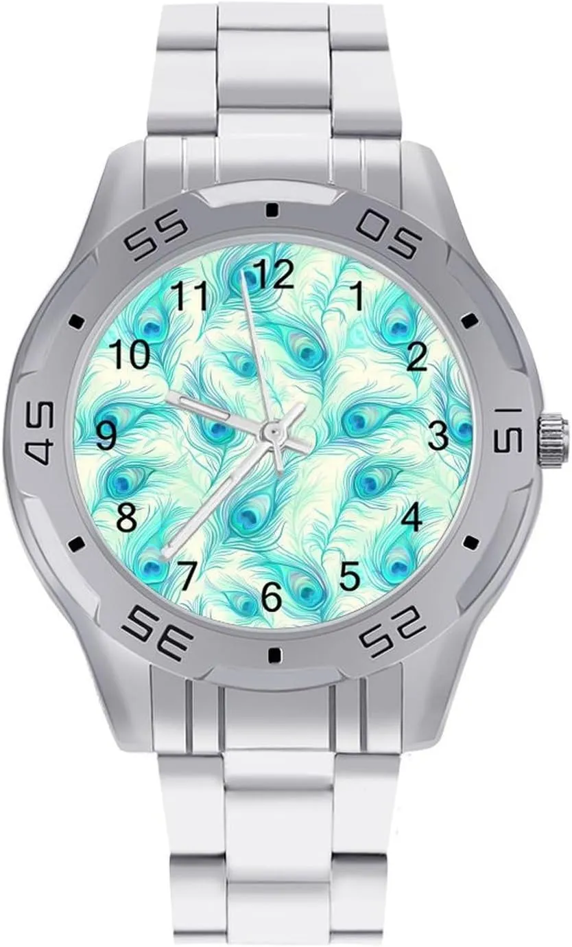Peacock Feather Classic Wrist Watches for Men Casual Business Dress Watch with Stainless Steel Band Work Party