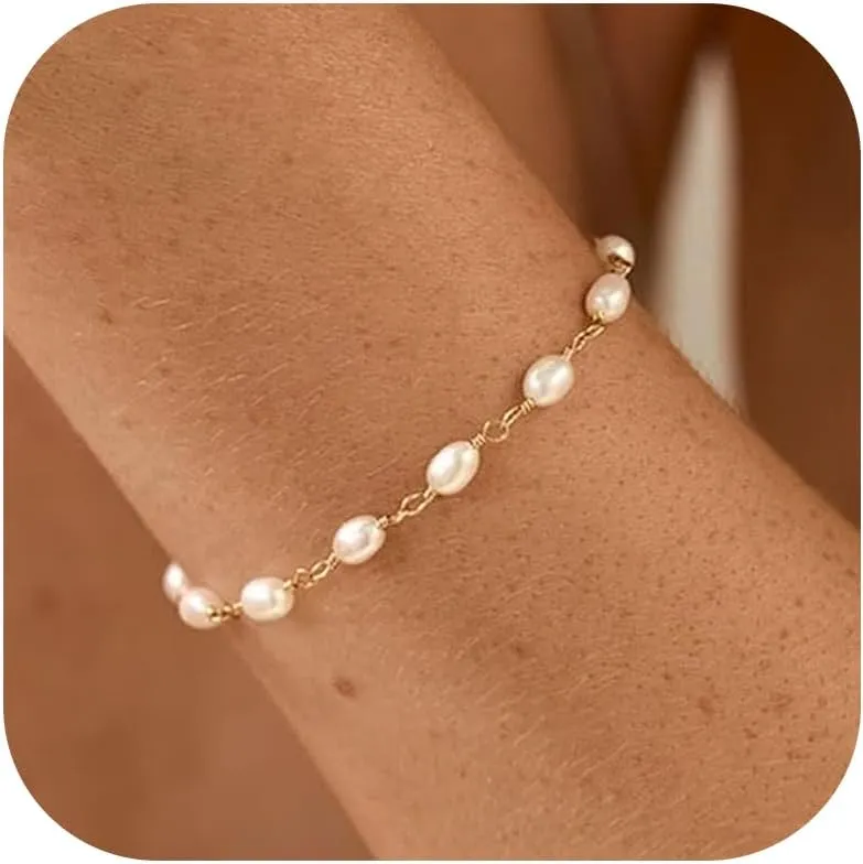 Pearl Bracelet Pearl Bracelets for Women Dainty Gold Charm Bracelet Pearl Hand Chain Bracelet Wedding Jewelry for Brides Bridesmaid Gifts