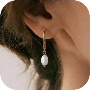 Pearl Drop Earrings for Women, 14k Gold Pearl Dangle Earrings Hypoallergenic Dangling Teardrop Pearls Earring Dangly Pearls Hoop Earring Hanging Bridal Wedding Gifts for Women