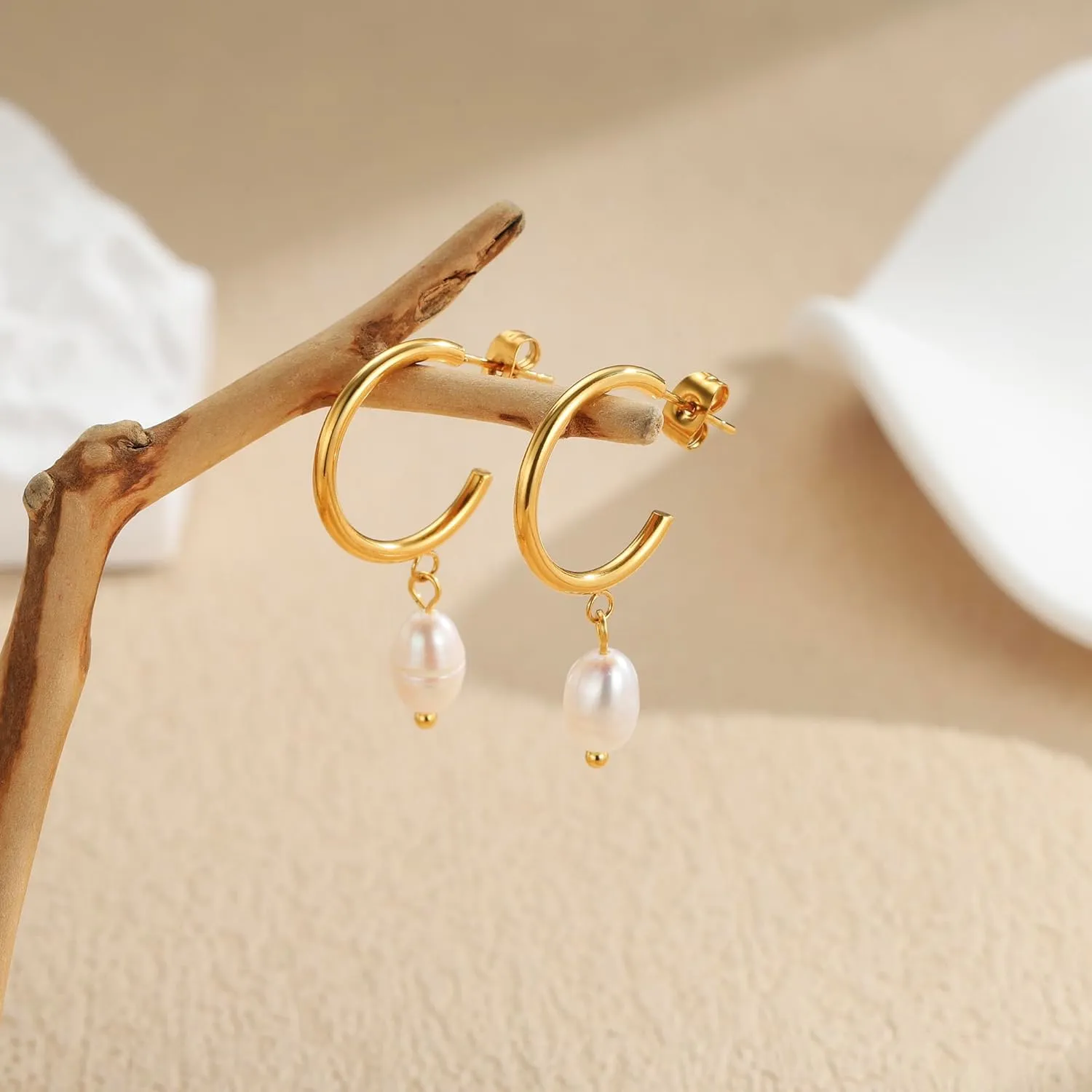 Pearl Drop Earrings for Women, 14k Gold Pearl Dangle Earrings Hypoallergenic Dangling Teardrop Pearls Earring Dangly Pearls Hoop Earring Hanging Bridal Wedding Gifts for Women
