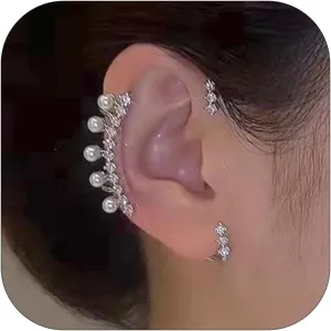 Pearl Ear Cuff Earrings for Women Girls Sparkly Rhinestone Ear Wrap Earrings Fairy Crystal Clip Climber Earrings Crawling Wrap Around Earrings Non Pierced Ear Cuffs for Birthday Christmast Gifts