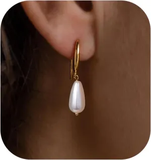 Pearl Earrings: 14k Gold-plated Dainty Pearl Drop Dangle Huggie Hoop Earrings for Women