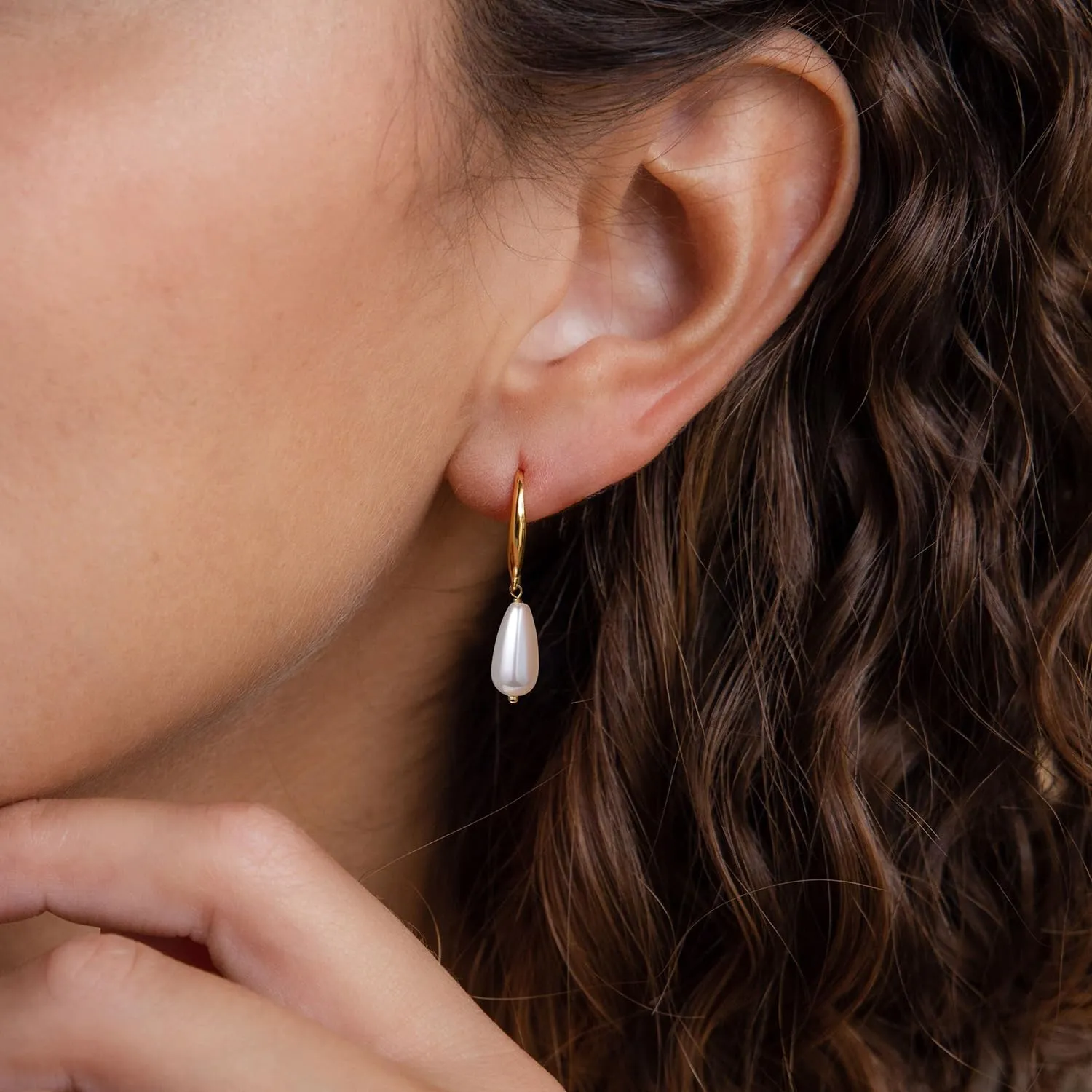 Pearl Earrings: 14k Gold-plated Dainty Pearl Drop Dangle Huggie Hoop Earrings for Women