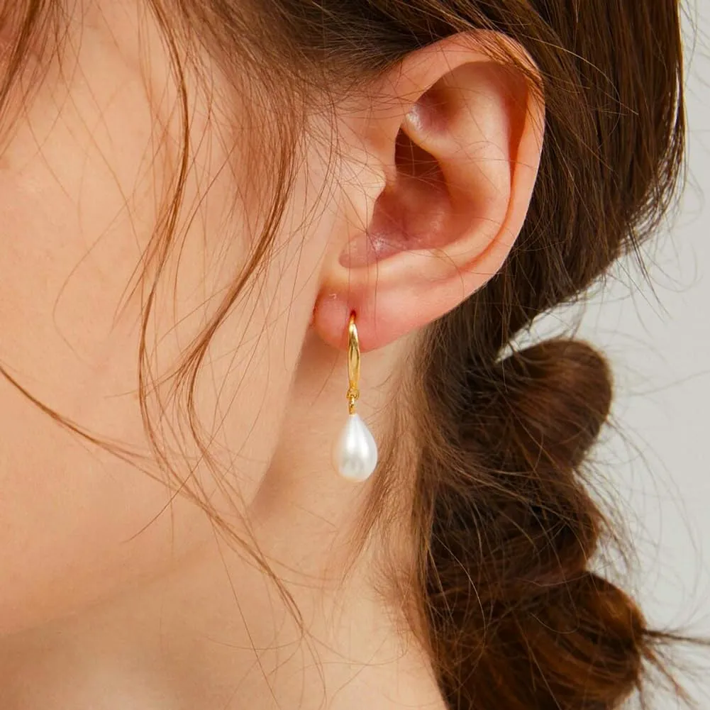 Pearl Earrings: 14k Gold-plated Dainty Pearl Drop Dangle Huggie Hoop Earrings for Women