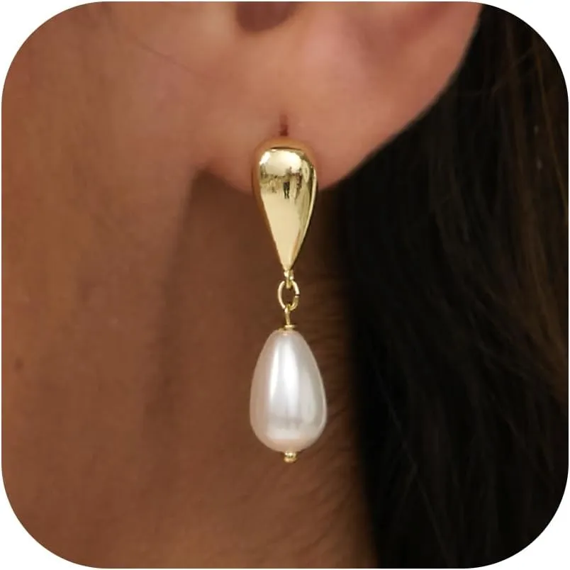 Pearl Earrings for Women - 14K Gold Plated Bridal Pearl Drop Earrings Elegant Wedding Studs for Brides