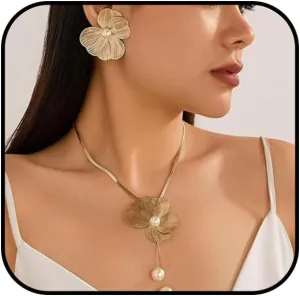 Pearl Flower Necklace Earrings Set for Women Gold Chunky Pearl Flower Pendant Necklace Silver Adjustable Pearl Tassel Necklace Large Pearl Flower Statement Earrings Fashion Elegant Jewelry Set