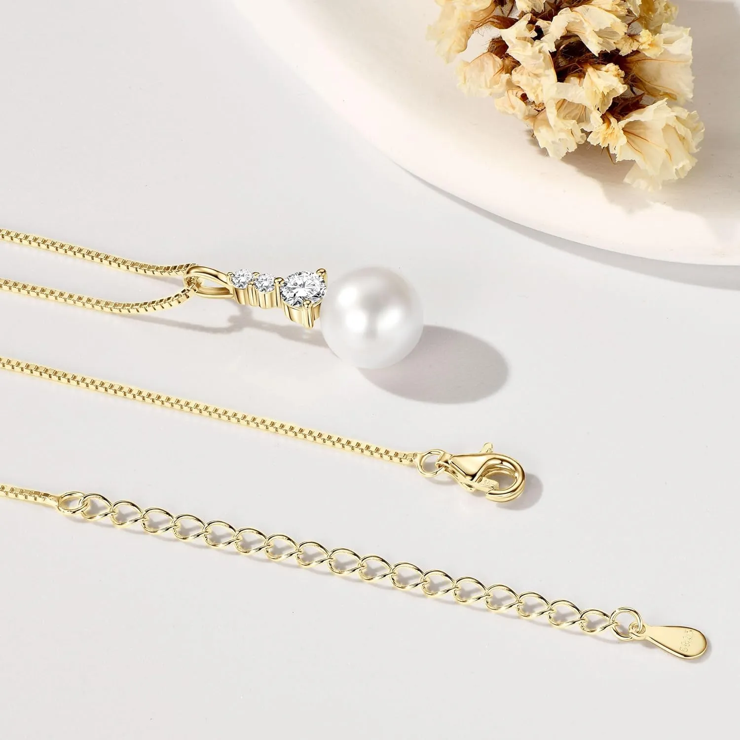 Pearl Necklaces for Women, Sterling Silver Freshwater White Pearl Pendant Necklace with Moissanite Pearl Jewelry Gifts for Wife Mom