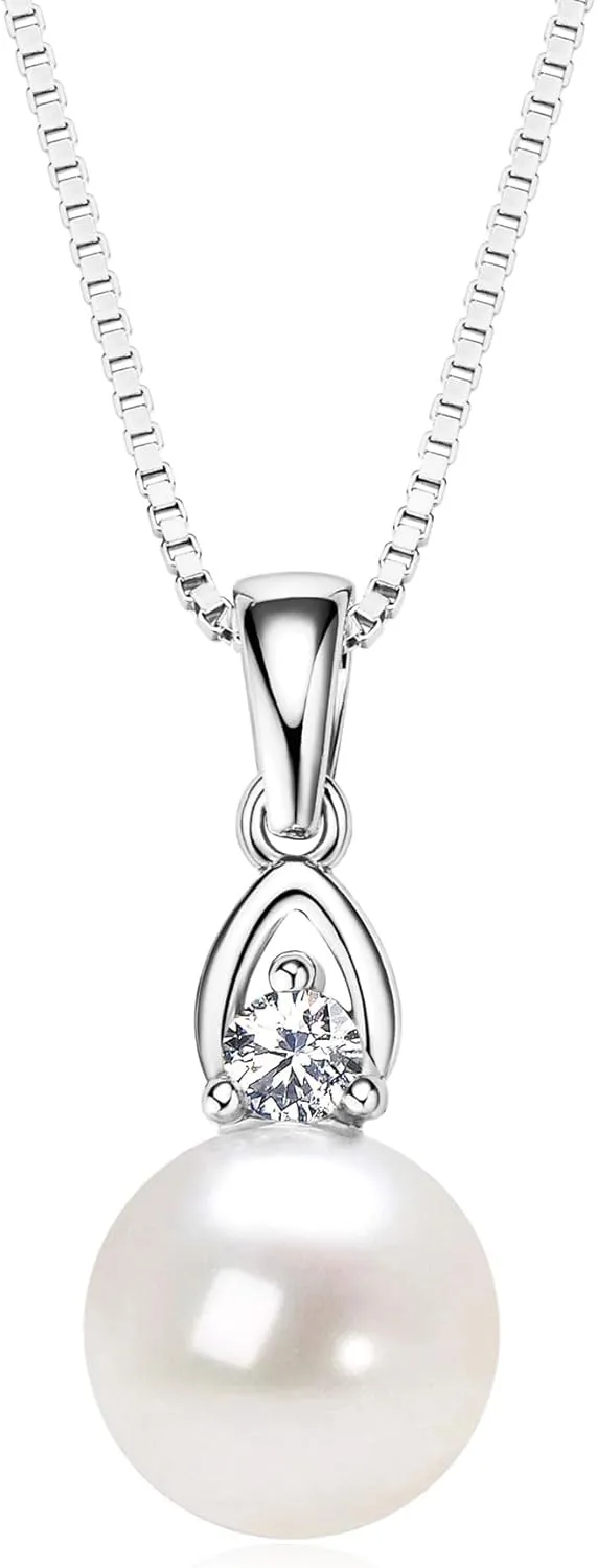 Pearl Necklaces for Women, Sterling Silver Freshwater White Pearl Pendant Necklace with Moissanite Pearl Jewelry Gifts for Wife Mom