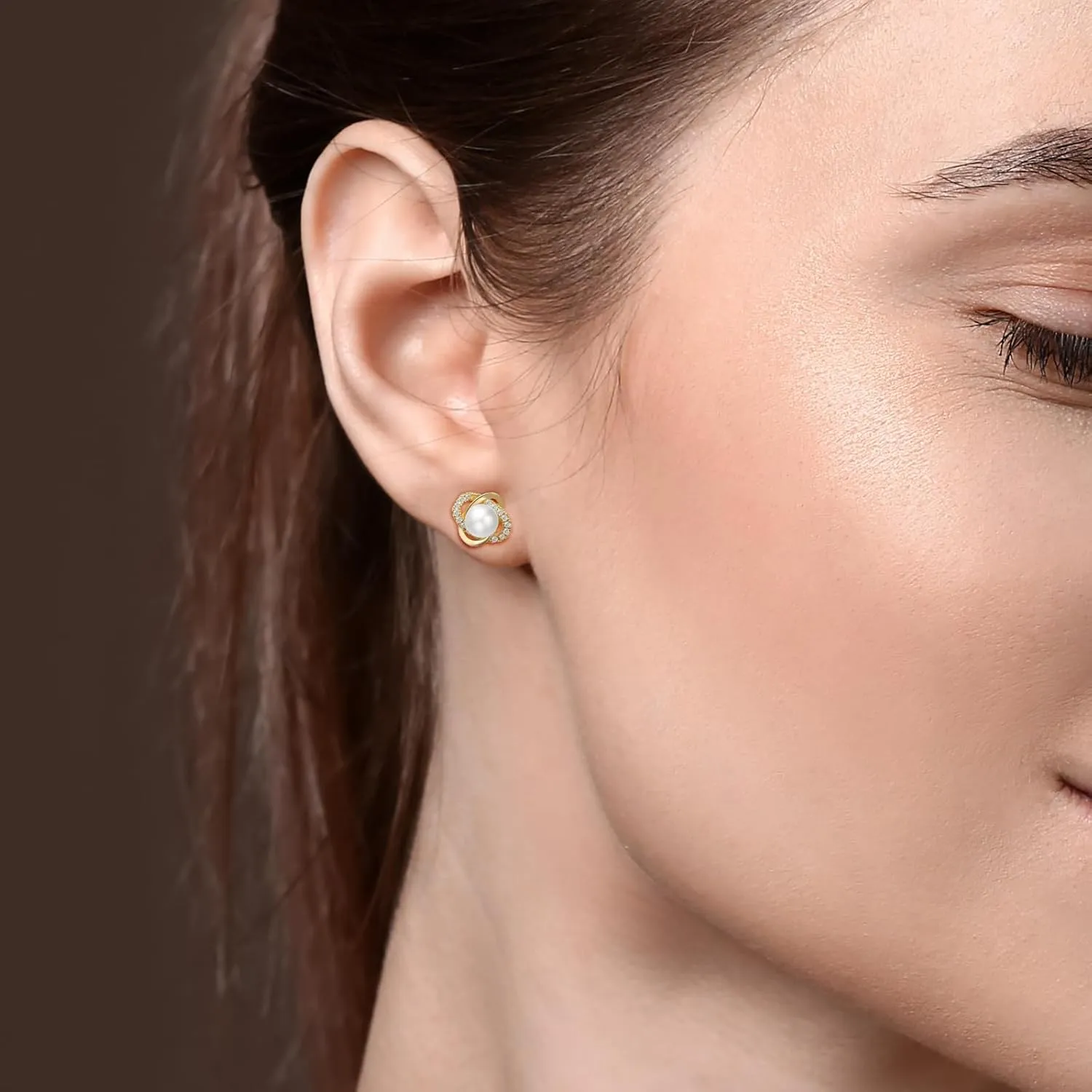 Pearl Stud Earrings, 14K Gold Plated Sterling Silver Post, Four Leaf Clover Design with Cubic Zirconia