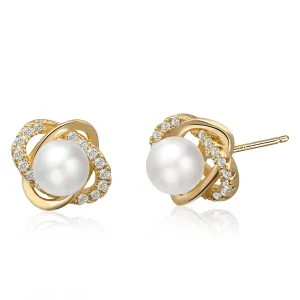 Pearl Stud Earrings, 14K Gold Plated Sterling Silver Post, Four Leaf Clover Design with Cubic Zirconia