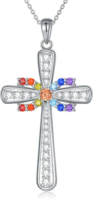 PELOVNY Sterling Silver Cross Crystal Necklace For Men Women Jesus Christ Crucifix Pendant Necklace Jesus Religious Jewelry - 22 2/18 2''