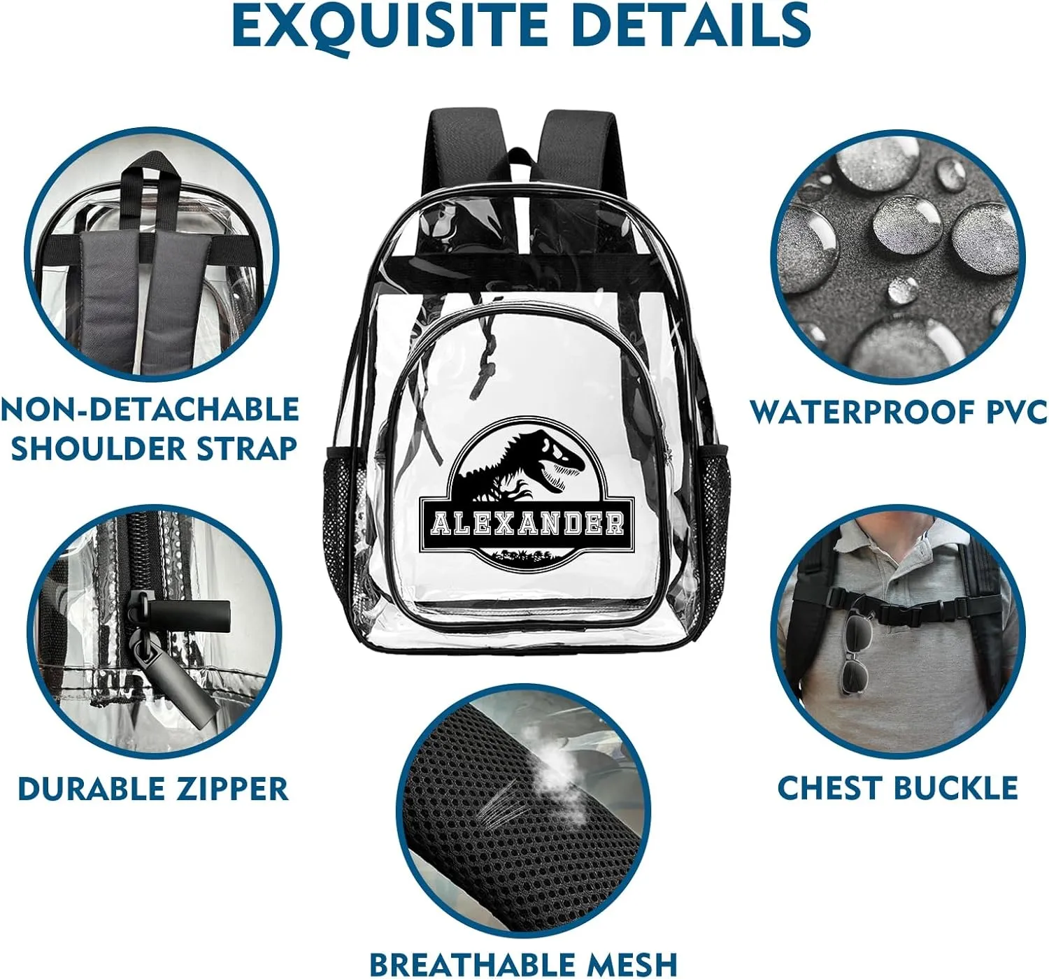 Personalized Dinosaur Clear Backpack with Name, PVC See Through Transparent Backpack with Reinforced Strap & Large Capacity for Boys School College Workplace, Back to School Gifts for Boys Kids