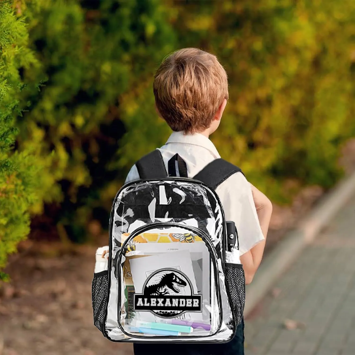 Personalized Dinosaur Clear Backpack with Name, PVC See Through Transparent Backpack with Reinforced Strap & Large Capacity for Boys School College Workplace, Back to School Gifts for Boys Kids