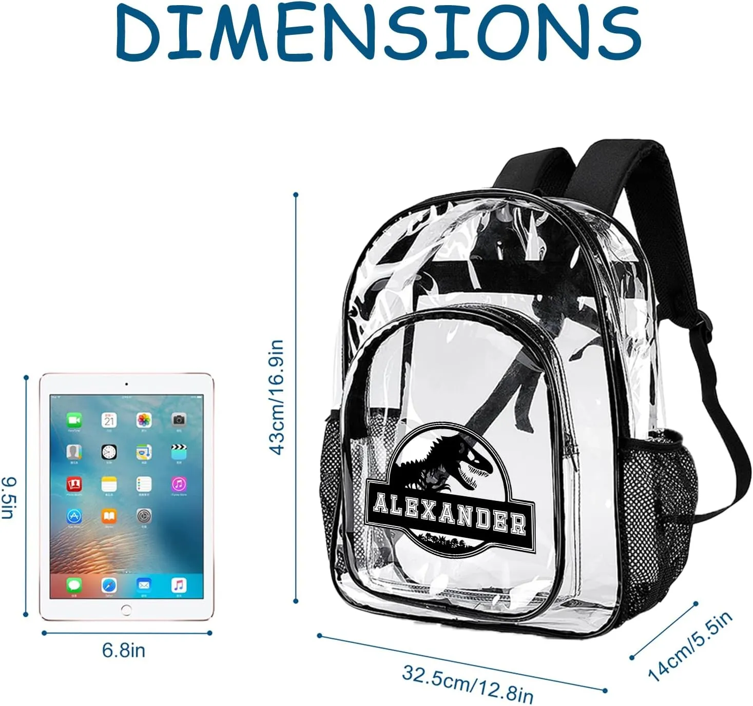Personalized Dinosaur Clear Backpack with Name, PVC See Through Transparent Backpack with Reinforced Strap & Large Capacity for Boys School College Workplace, Back to School Gifts for Boys Kids