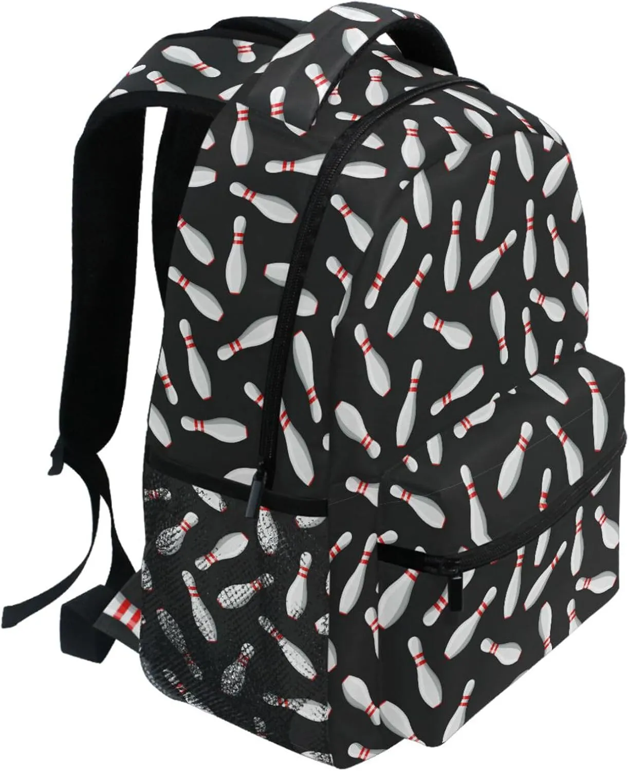 Pfrewn Kids Bowling Pins on Black Backpacks for Girls Boys Lightweight Backpack for Students School 17"