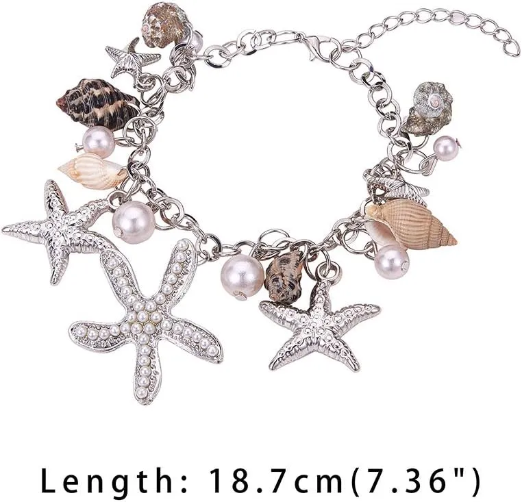 PH PandaHall Starfish Shell Anklet Bracelets, 7" Mermaid Bracelets Conch Starfish Pearl Anklet Bracelet Charm Bohemian Adjustable Shell Bracelet Mermaid Costume Jewelry for Women Christmas, Silver