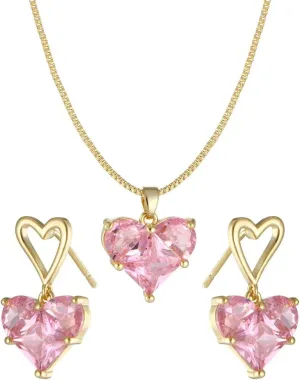 Pink Heart Necklace & Earrings Cubic Zirconia Heart Wedding Set for Women (A-Gold, Pink)