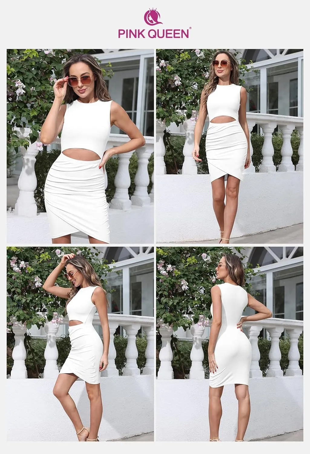Pink Queen Women's Summer Crew Neck Sleeveless Cutout Ruched Ribbed Bodycon Mini Short Dress
