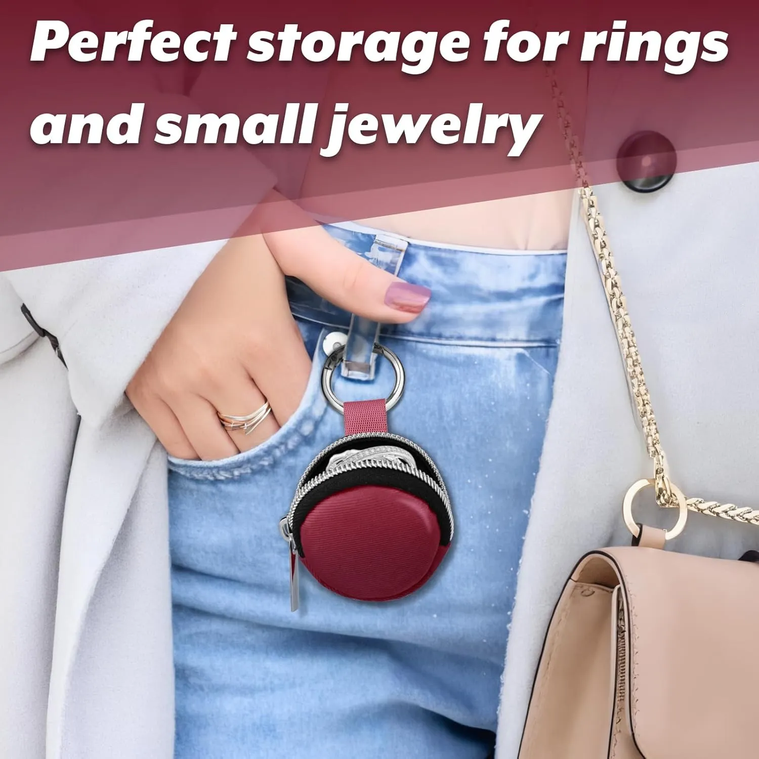 Portable Ring Organizer Case with Keychain, Traveling Ring Holder Storage Bag, Anti-Lost Keychain Container for Smart Rings, Jewelry (1, Burgundy)