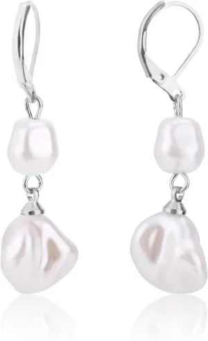 PPearl Earrings, Baroque Style Pearl Dangle Earrings Double Pearl Earrings Irregular Pearl Drop Huggies Earrings Jewelry for Women