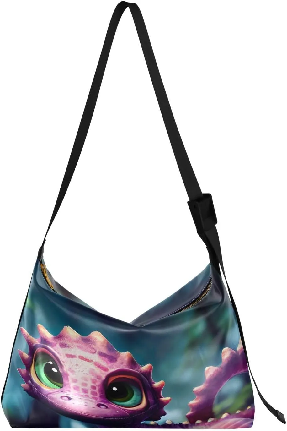 Purple Dragon with Big Green Eyes Hobo Crossbody Bags for Women Leather Large Shoulder Bag Cross Body Cute Trendy Womens Tote Bags Handbag for Travel Shopping