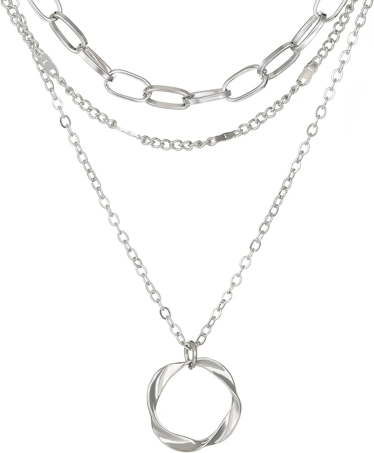 Q&D&S Layering Silver Necklaces for Women, Stackable Dainty Silver Choker Necklaces,Trendy Circle Pendant Chain Necklace Set Jewelry Gifts
