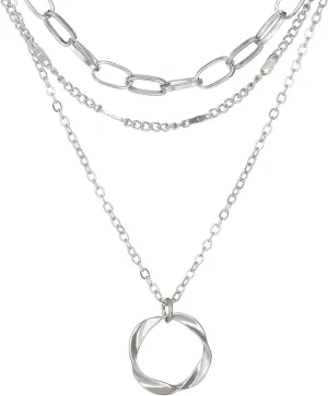 Q&D&S Layering Silver Necklaces for Women, Stackable Dainty Silver Choker Necklaces,Trendy Circle Pendant Chain Necklace Set Jewelry Gifts
