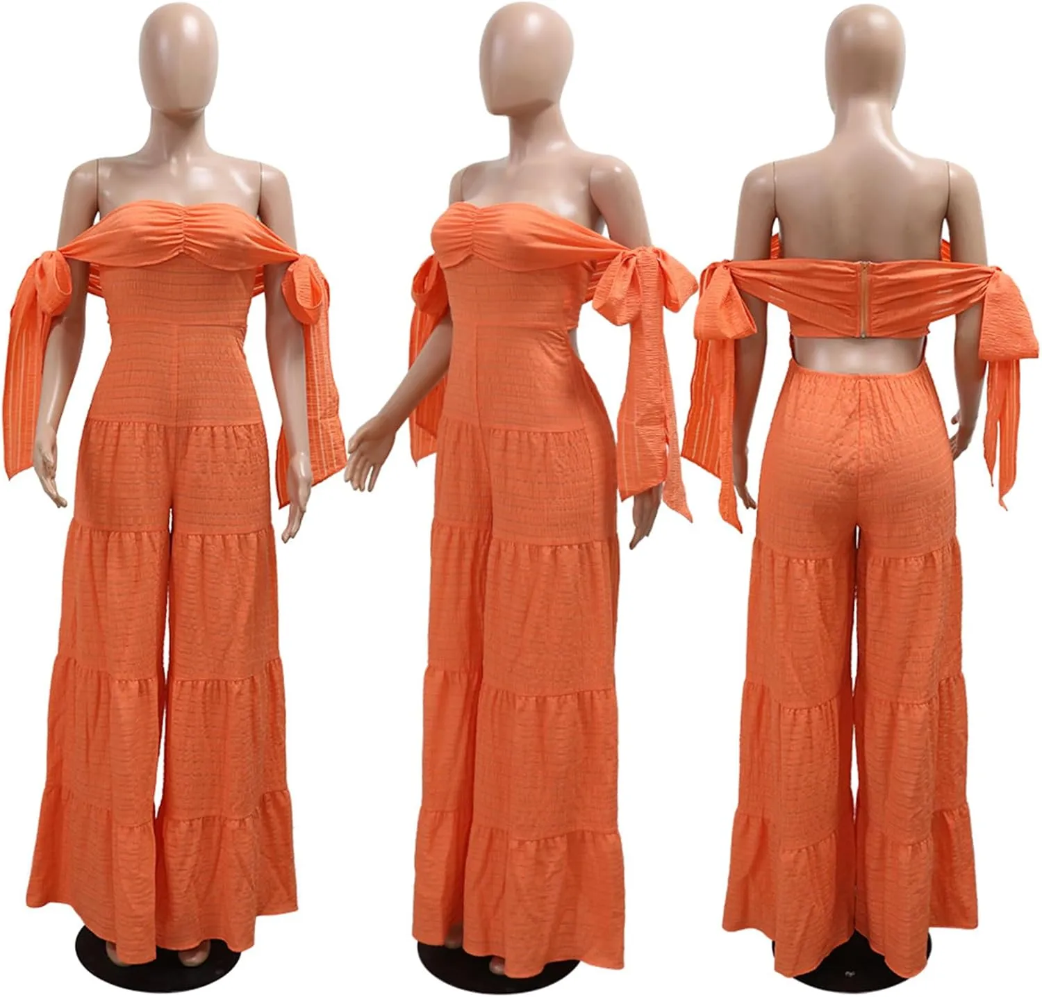 Qikaka Women's Off Shoulder Lace Up Bandage Bodycon Wide Leg Sexy Nightclub Party Jumpsuit Rompers