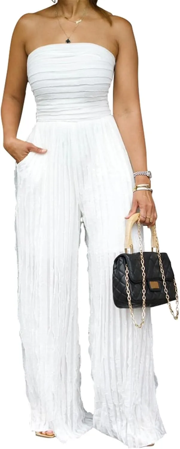 Qikaka Women's Off Shoulder Ribbed Ruffles Bodycon Wide Leg sexy Nightclub Party Jumpsuit Rompers