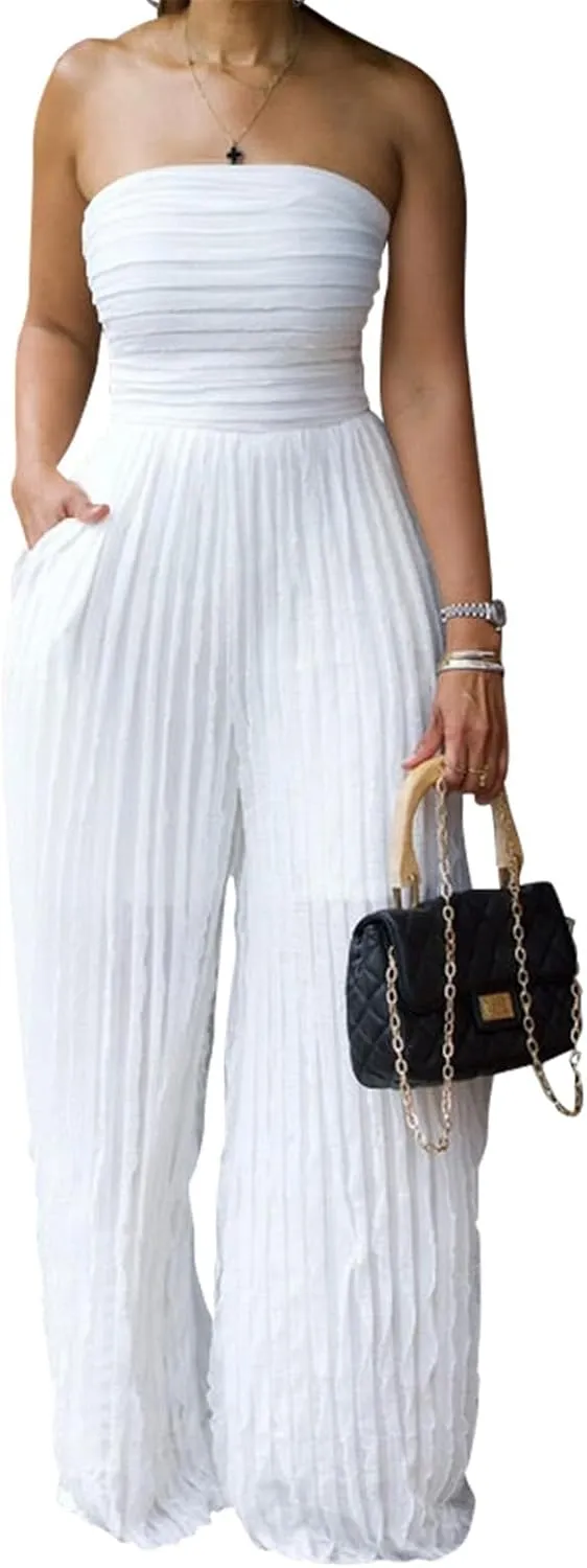 Qikaka Women's Off Shoulder Ribbed Ruffles Bodycon Wide Leg sexy Nightclub Party Jumpsuit Rompers