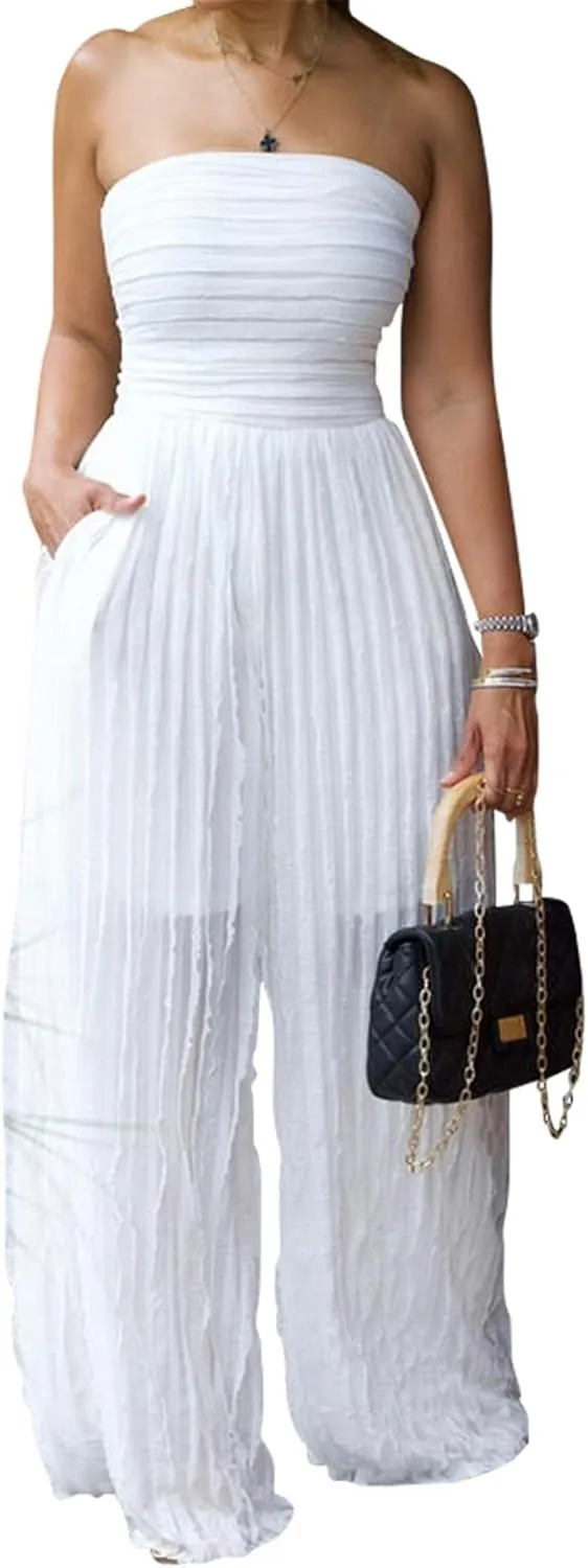 Qikaka Women's Off Shoulder Ribbed Ruffles Bodycon Wide Leg sexy Nightclub Party Jumpsuit Rompers